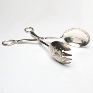 Vintage Silver Plate Salad Tongs Dinner Party Italy EP Zinc Retro Serve Ware MCM